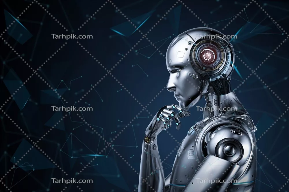 عکس مدل سه بعدی ربات هوش مصنوعی در حال تفکر و محاسبه