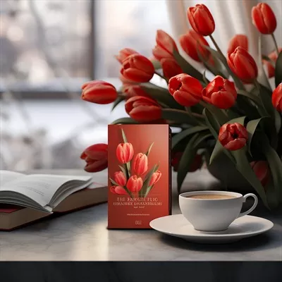 عکس کتاب سه بعدی با گل های لاله قرمز و چای در پس زمینه زیبا