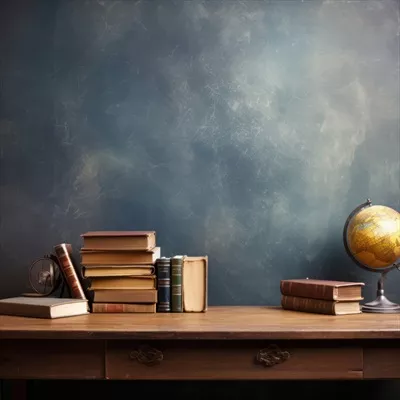 عکس پس‌زمینه میز مطالعه با کتاب‌ها و فضای مبلمان