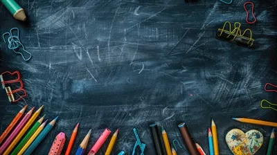 عکس پس‌زمینه مدرسه با مدادهای رنگی و تخته سیاه