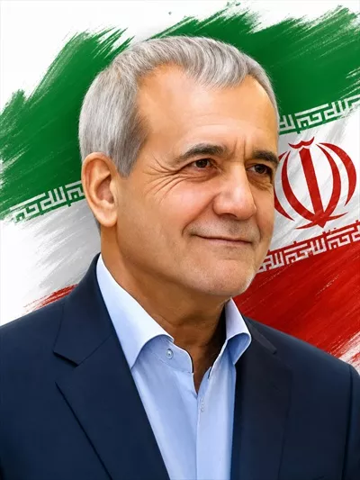 عکس مسعود پزشکیان به صورت نقاشی با پس زمینه پرچم