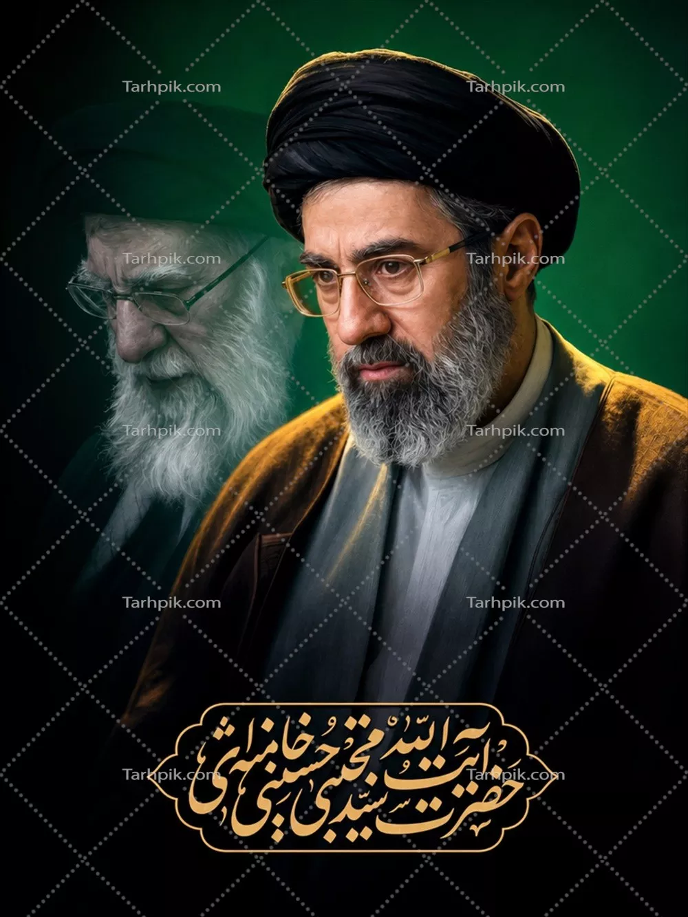 عکس پوستر سید مجتبی خامنه ای و پدرش در پشت او و تأثیرات آن