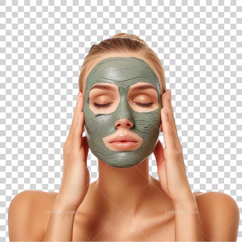 عکس دوربری زنی با ماسک سبز بر روی صورتش در پس‌زمینه شفاف