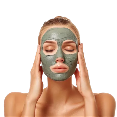 عکس دوربری زنی با ماسک سبز بر روی صورتش در پس‌زمینه شفاف