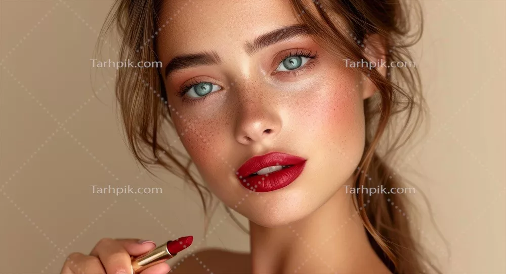 عکس زنی جوان در حال نگه‌داشتن رژ لب قرمز