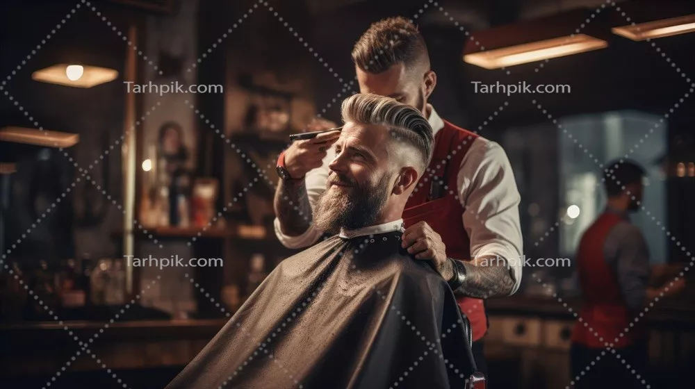 عکس آرایشگری در حال کوتاه کردن موی مشتری با ماشین برقی