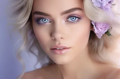 عکس تصویر نزدیک از آرایش عروس با رنگ لیلکی و درخشان