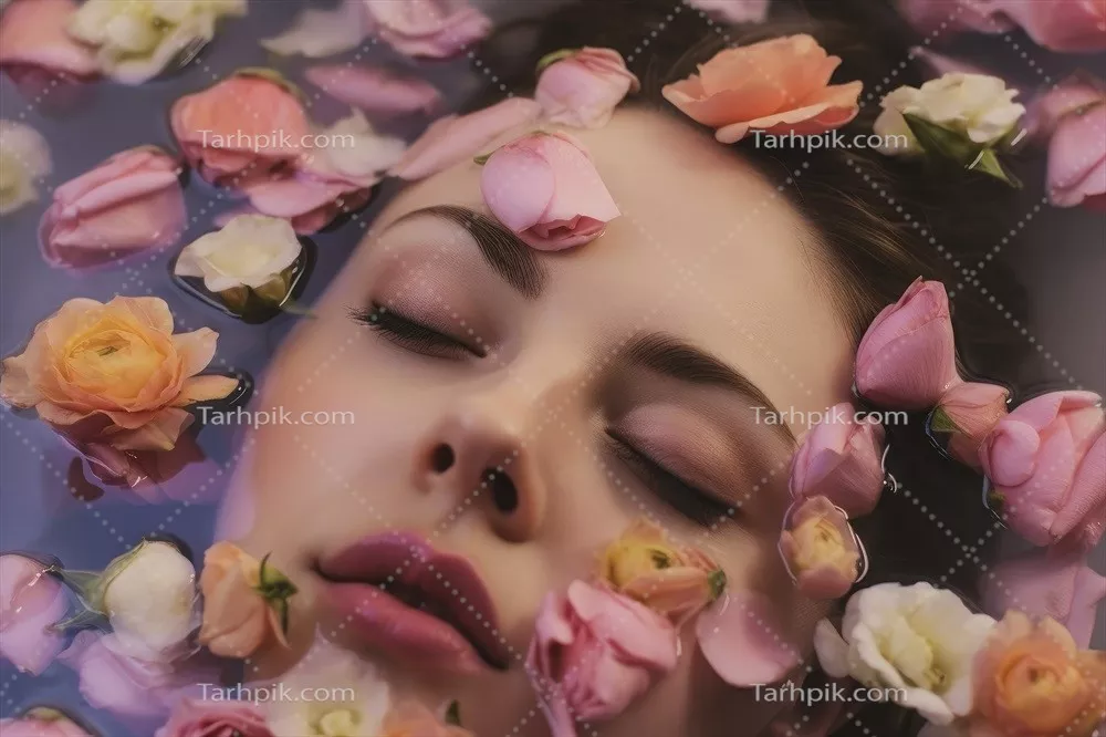 عکس عکس از بالا از زنی که با گل ها در حال ژست گرفتن است