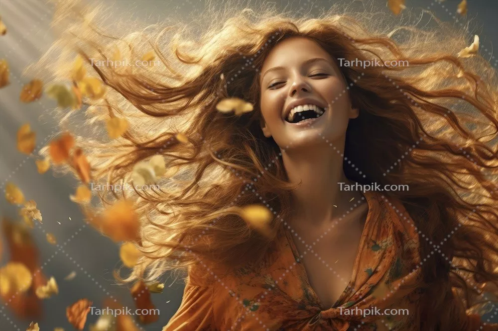 عکس  زن زیبای خوشحال با موهای افشون