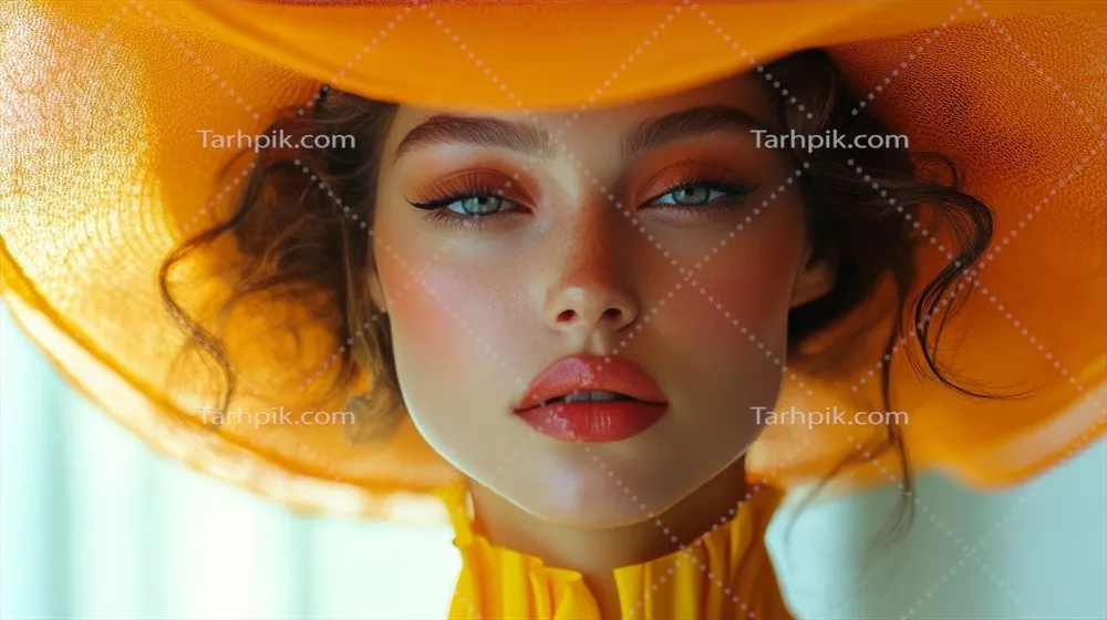 عکس مدل شگفتانگیز با کلاه نارنجی زنده و آرایش چشمنواز