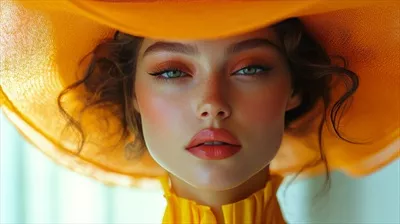 عکس مدل شگفت‌انگیز با کلاه نارنجی زنده و آرایش چشم‌نواز