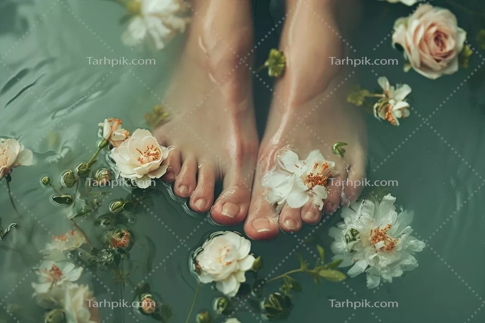 عکس نمای واقعی از پاها در حال تماس با آب زلال و روان