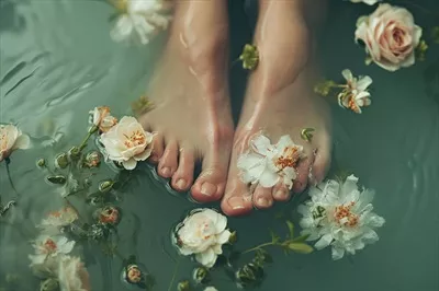 عکس نمای واقعی از پاها در حال تماس با آب زلال و روان