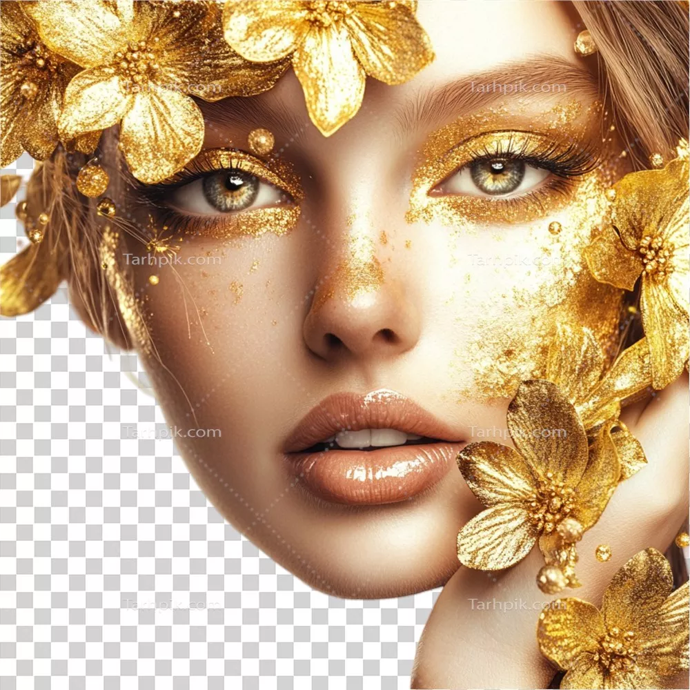 عکس دوربری زن با آرایش طلا بر روی صورتش