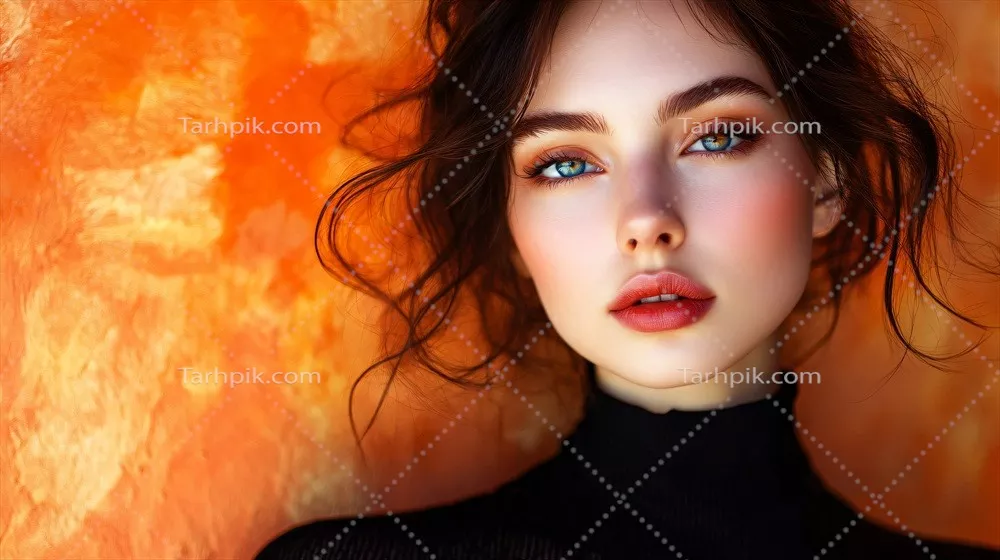 عکس زن با موهای بلند قهوه ای و چشمان آبی که لباس مشکی پوشیده است