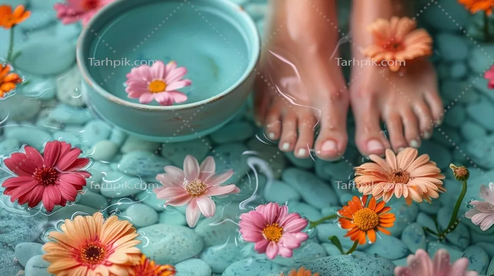عکس پاهای زن در حال خیساندن در کاسه آب در میان گل ها