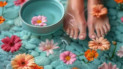 عکس پاهای زن در حال خیساندن در کاسه آب در میان گل ها