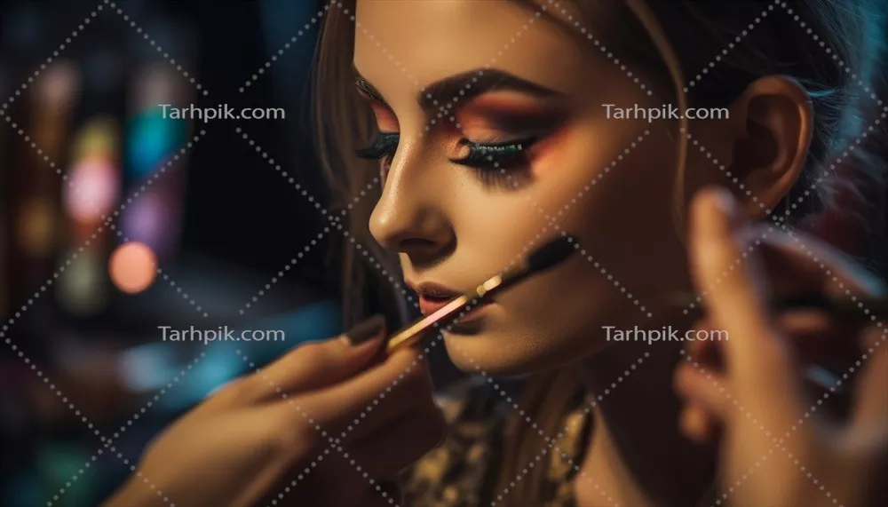 عکس زن جوان در حال استفاده از سایه چشم چند رنگ در فضای داخلی