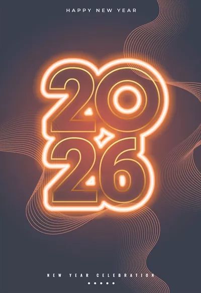 وکتور پوستر تبریک سال نو 2026 با طراحی نئون درخشان