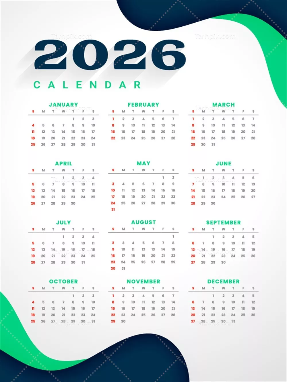 وکتور طرح تقویم سال نو 2026 با خطوط منحنی و زیبا