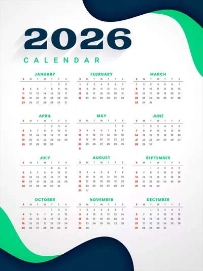 وکتور طرح تقویم سال نو 2026 با خطوط منحنی و زیبا