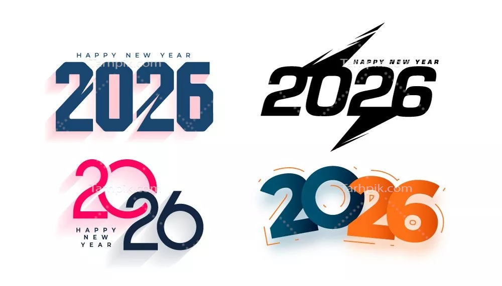 وکتور بسته چهار برچسب تبریک سال نو 2026 با طراحی شاد