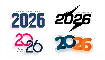 وکتور بسته چهار برچسب تبریک سال نو 2026 با طراحی شاد