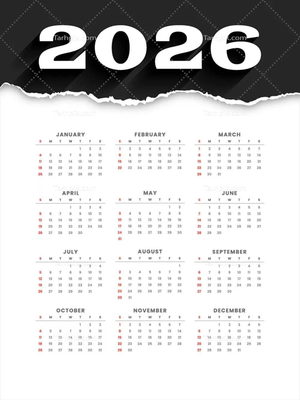 وکتور طرح تقویم سالانه 2026 با طراحی کاغذ پاره شده در رنگ سیاه و سفید