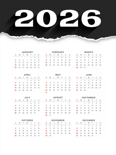وکتور طرح تقویم سالانه 2026 با طراحی کاغذ پاره شده در رنگ سیاه و سفید
