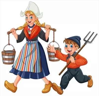 وکتور کودکان هلندی با لباس سنتی و ابزار کشاورزی