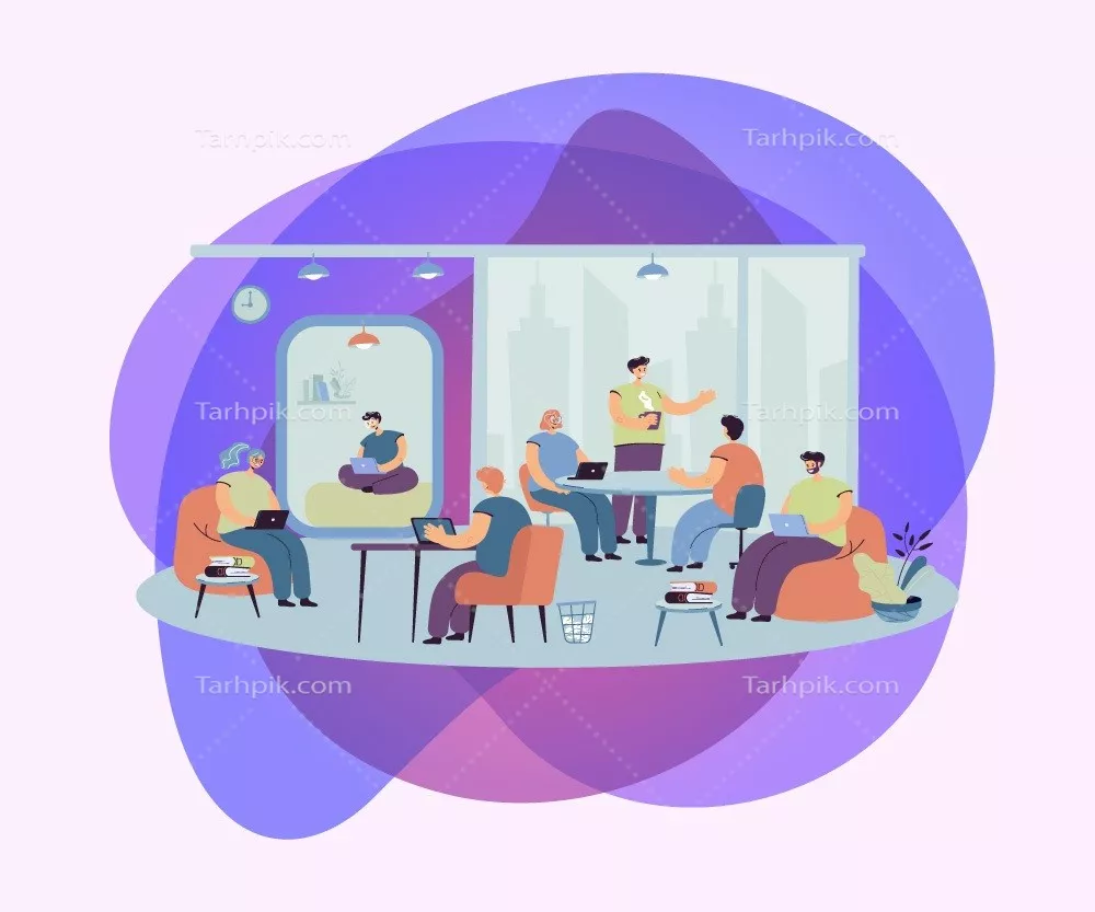 وکتور افراد در دفتر با استفاده از لپتاپ و کامپیوتر - محیط کار مدرن