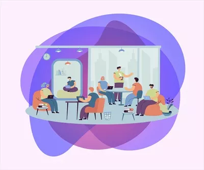 وکتور افراد در دفتر با استفاده از لپ‌تاپ و کامپیوتر - محیط کار مدرن
