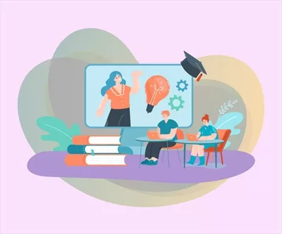 وکتور دانش‌آموزان کوچک با لپ‌تاپ و معلم با صفحه نمایش بزرگ کامپیوتر