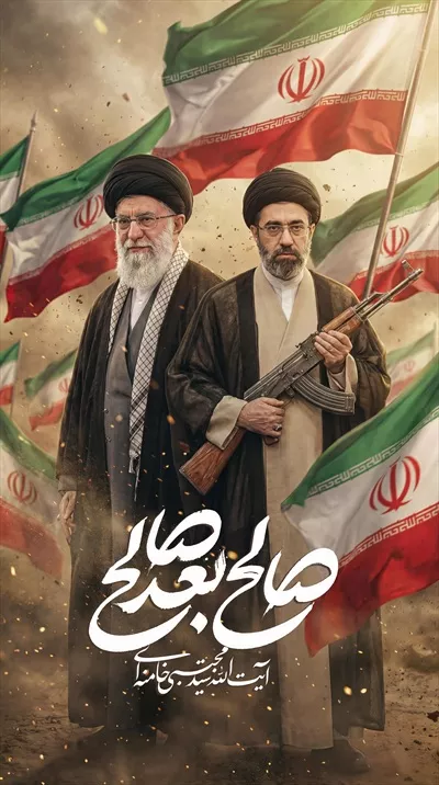 عکس سید مجتبی خامنه ای و پدرش سید علی خامنه ای در میان پرچم های ایران