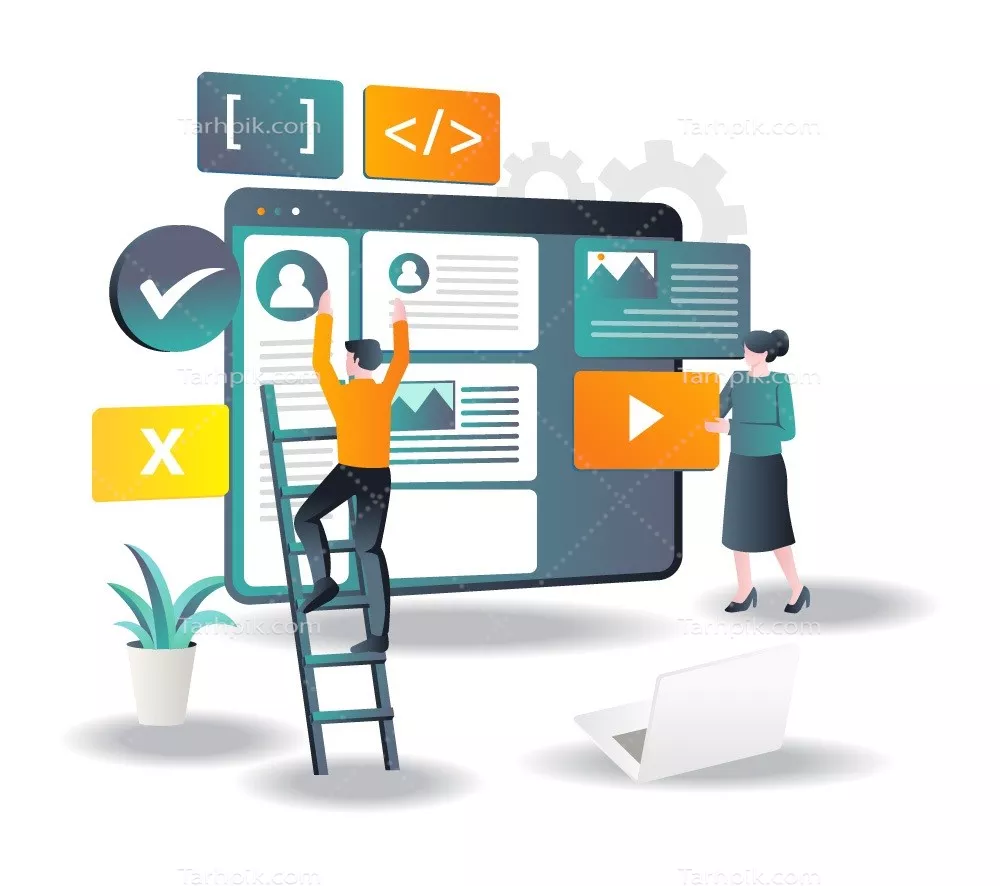 وکتور تیم توسعه وب در حال ساخت یک صفحه فرود جذاب و کاربرپسند است