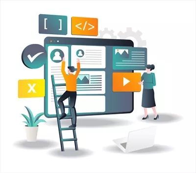 وکتور تیم توسعه وب در حال ساخت یک صفحه فرود جذاب و کاربرپسند است