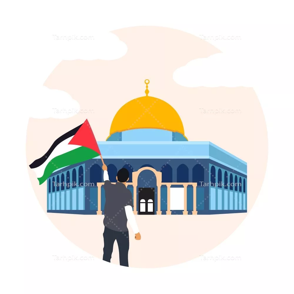 وکتور مردی در مقابل مسجد الاقصی با پلاکاردی ایستاده است