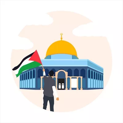 وکتور مردی در مقابل مسجد الاقصی با پلاکاردی ایستاده است