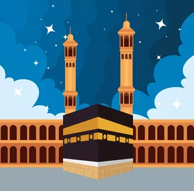 وکتور مسجد مسلمانان و مکه در شب با نورپردازی زیبا