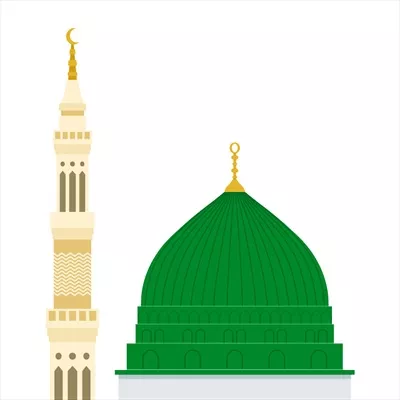 وکتور مسجد یا مسجد النبی با مناره و گنبد سبز در مدینه