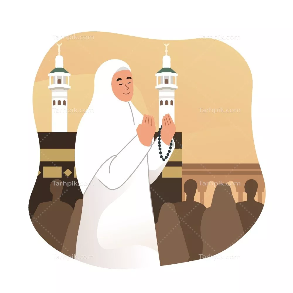 وکتور زن مسلمان در حال نماز خواندن در مقابل کعبه در مکه