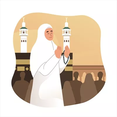 وکتور زن مسلمان در حال نماز خواندن در مقابل کعبه در مکه