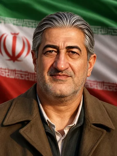عکس دکتر عبدلحمید مینوچهر با پس زمینه پرچم ایران