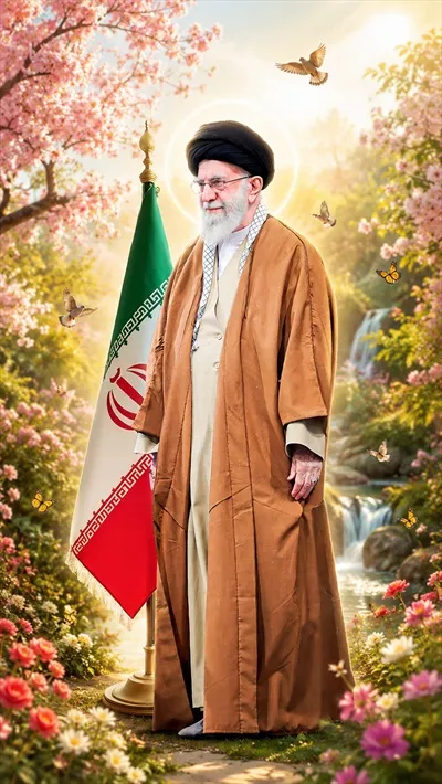 عکس سید علی خامنه ای در بهشت با پرچم ایران