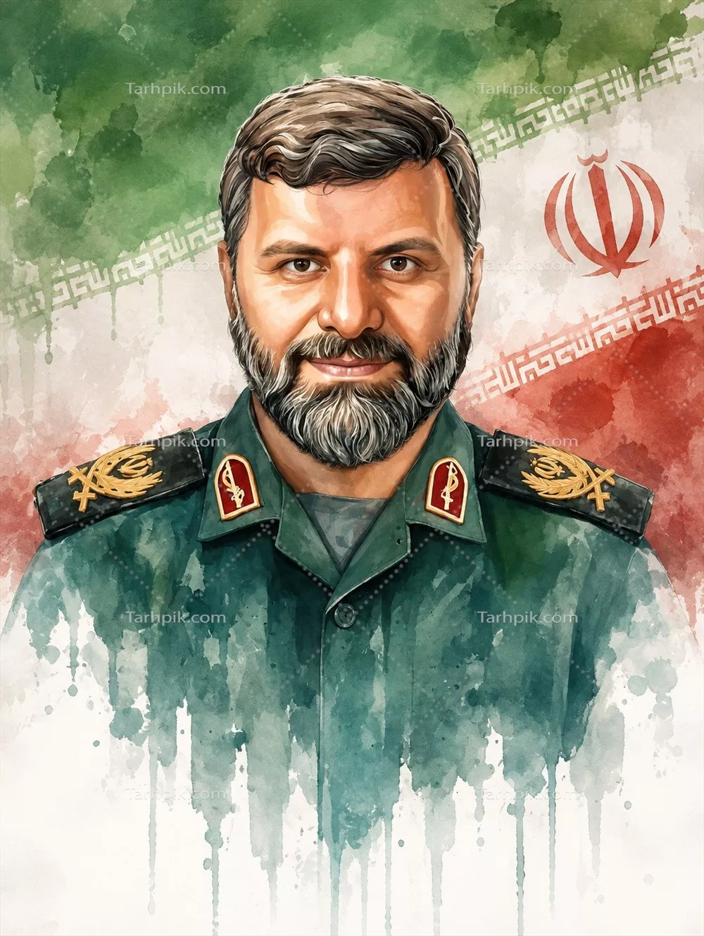 عکس شهید سید مهدی موسوی با پرچم ایران در پس زمینه
