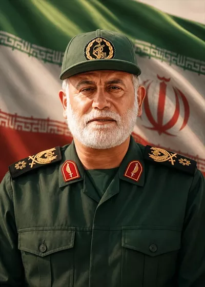 عکس شهید عباس نیلفروشان با پرچم ایران در تصویر
