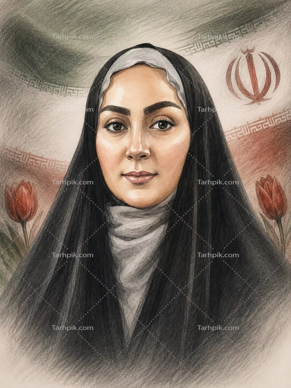 عکس شهیده فرزانه بقرایی با پرچم ایران و گل لاله