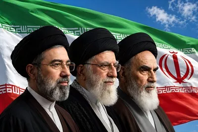 عکس پوستر رهبران الهی ایران زمین با پرچم و نمادهای مذهبی