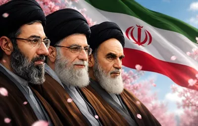 عکس پوستر رهبران با پرچم در میان شکوفه ها و زیبایی ها