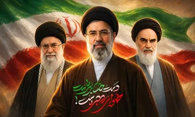 عکس پوستر رهبری سید مجتبی با عکس همه رهبران و نمادهای ملی